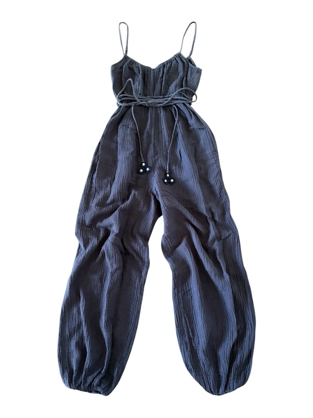 Tory Burch Ramie Cotton Gauze Jumpsuit Navy Tie Waist Balloon Leg Harem Boho S